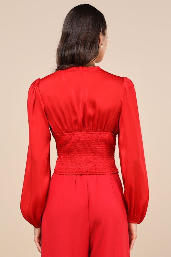 LULUS ELEVATED ACHIEVEMENT RED BALLOON SLEEVE BUTTON-FRONT TOP