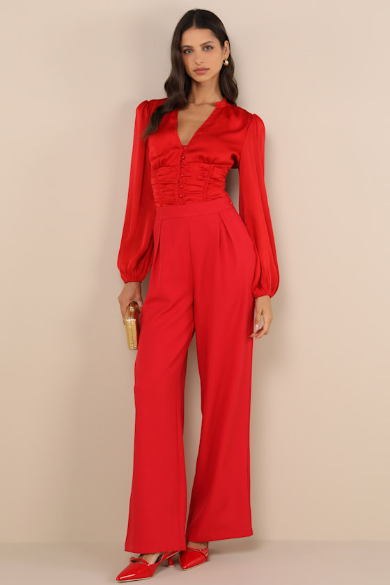 LULUS ELEVATED ACHIEVEMENT RED BALLOON SLEEVE BUTTON-FRONT TOP