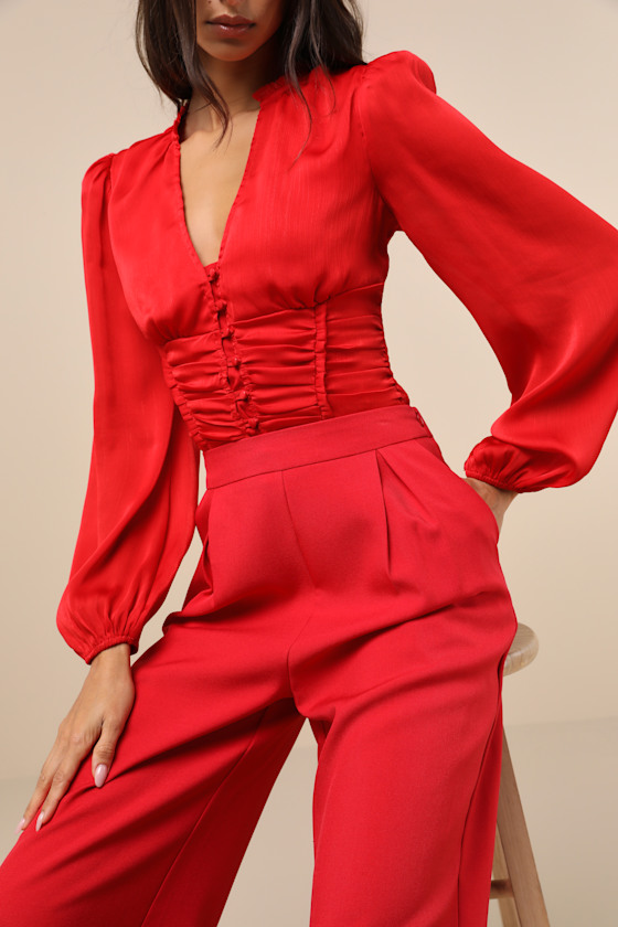 LULUS ELEVATED ACHIEVEMENT RED BALLOON SLEEVE BUTTON-FRONT TOP