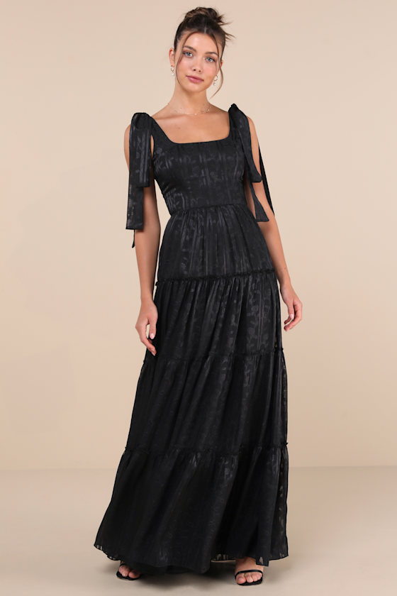 Picturesque Allure Black Jacquard Tie-Strap Maxi Dress 5