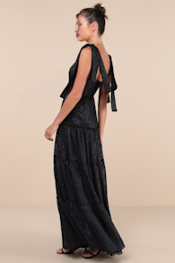Picturesque Allure Black Jacquard Tie-Strap Maxi Dress 6