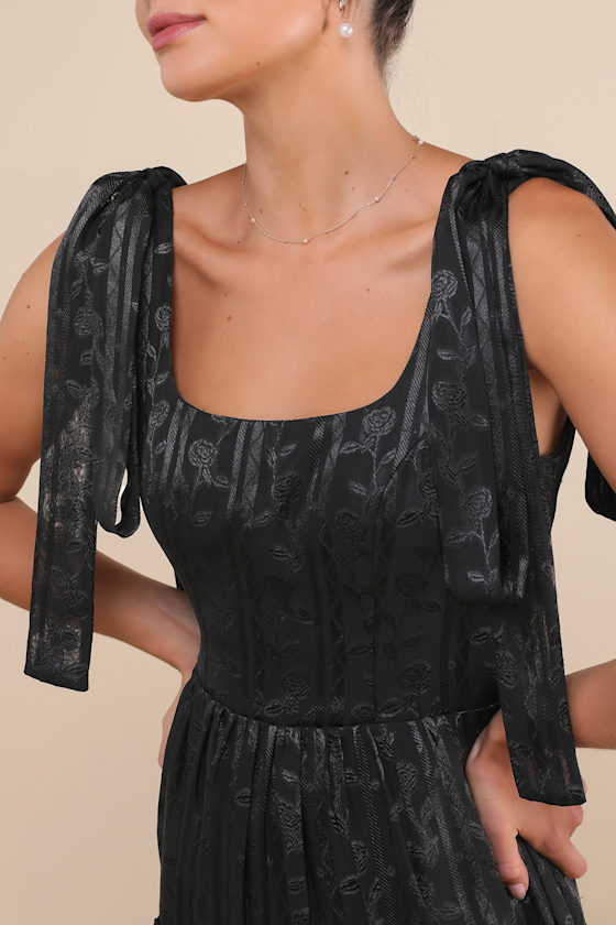 Black Jacquard Dress - Tiered Maxi Dress - Tie-Strap Maxi Black Jacquard Dress - Tiered Maxi Dress - Tie-Strap Maxi