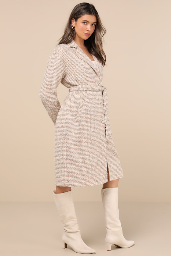 Lulus Seasonal Sophisticate Tan Tweed Belted Two-tone Coat In Tan