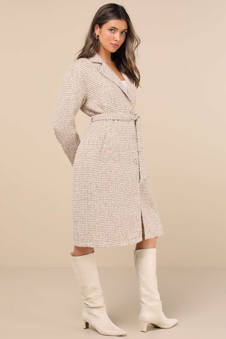 Seasonal Sophisticate Tan Tweed Belted Two-Tone Coat