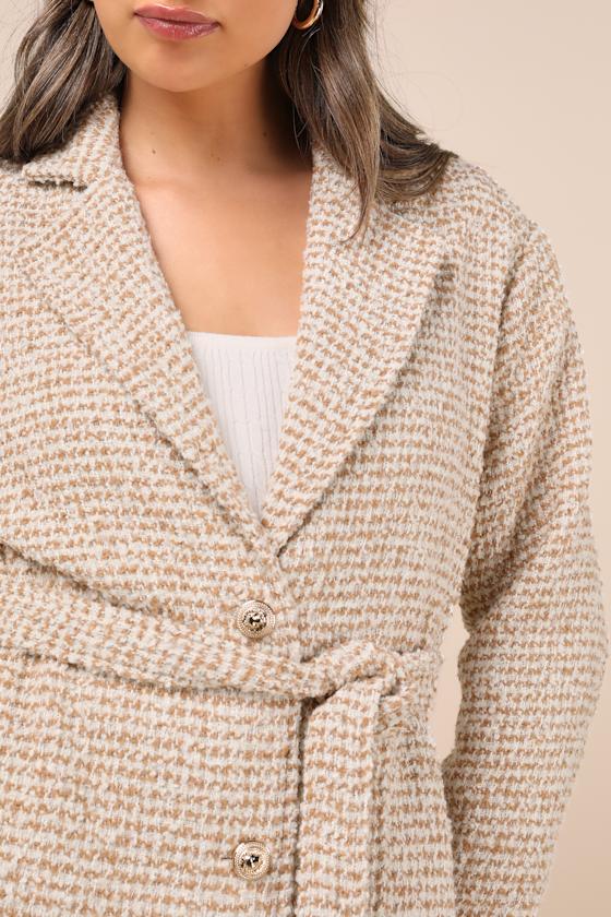 Lulus Seasonal Sophisticate Tan Tweed Belted Two-tone Coat In Tan