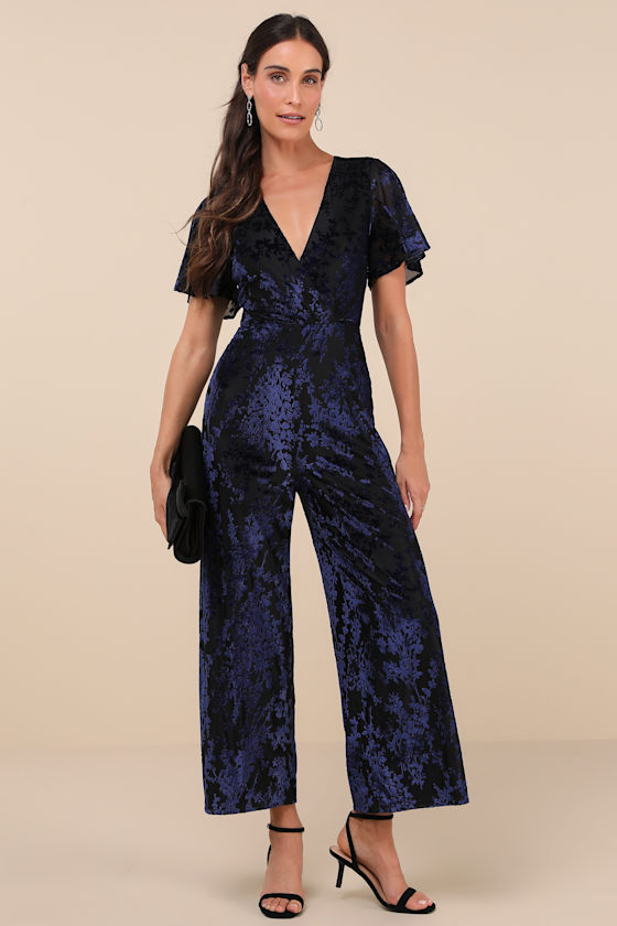 Image of Poised Excellence Black and Blue Velvet Burnout Jumpsuit