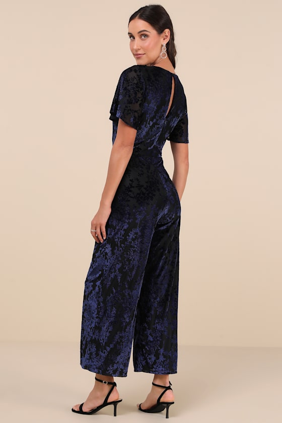 Lulus Poised Excellence Black And Blue Velvet Burnout Jumpsuit In Black And Blue