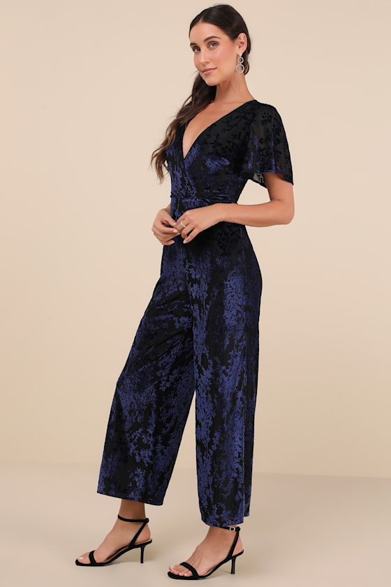 Lulus Poised Excellence Black And Blue Velvet Burnout Jumpsuit In Black And Blue