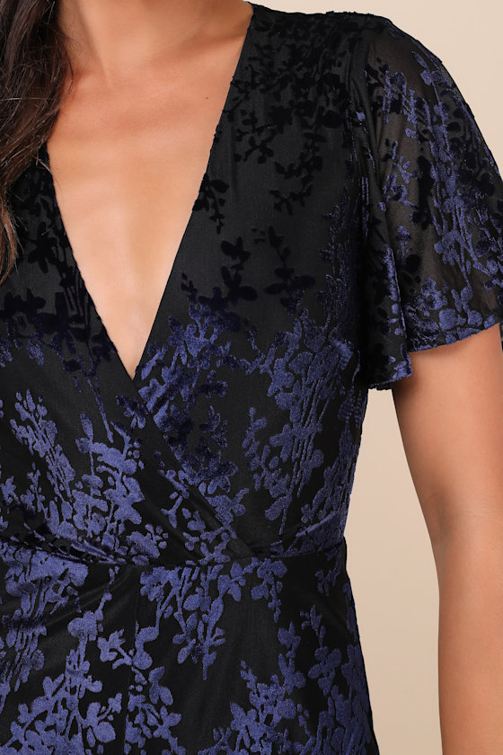 Lulus Poised Excellence Black And Blue Velvet Burnout Jumpsuit In Black And Blue