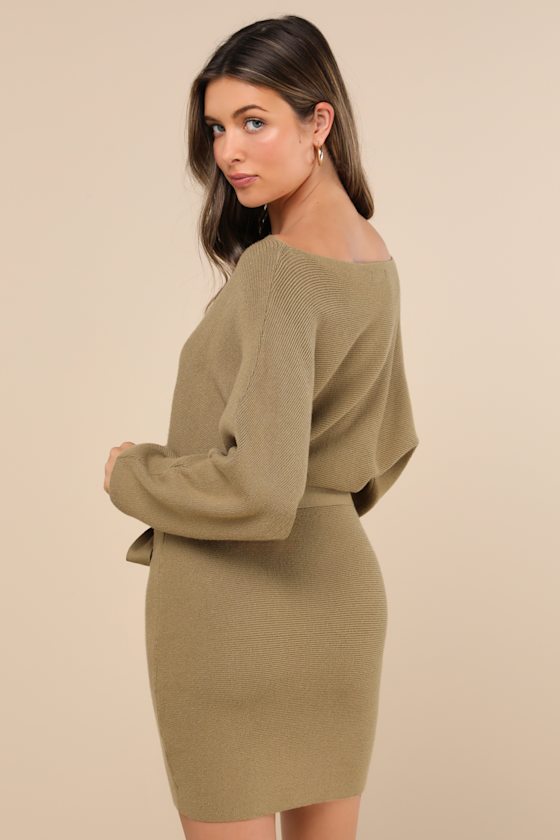 Lulus Modern Comfort Olive Green Dolman Sleeve Mini Sweater Dress In Olive Green