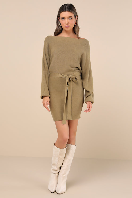 Lulus Modern Comfort Olive Green Dolman Sleeve Mini Sweater Dress In Olive Green