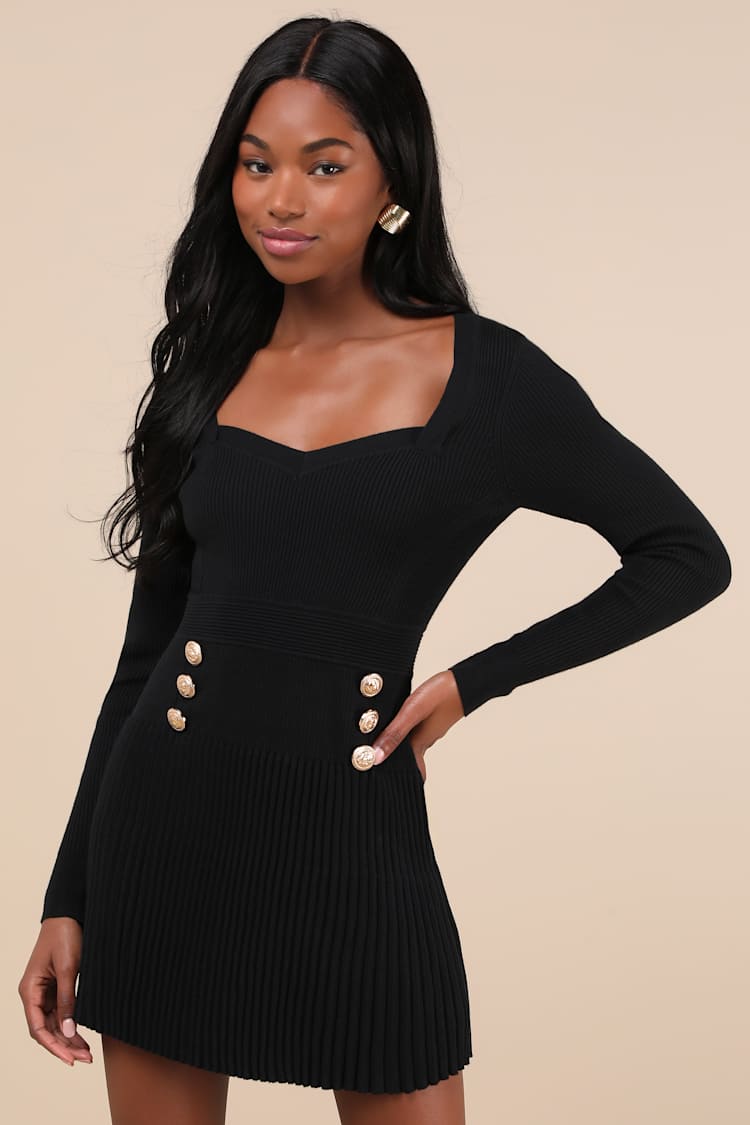 chinese dress ladies Rihoas Black and White Knit Mini Dress Collared Button Front Ruffle Hem, Black / M main image 0