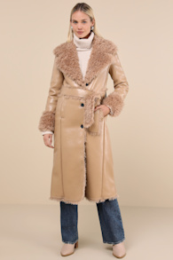 Cool Nights Tan Vegan Leather Shearling Coat 3