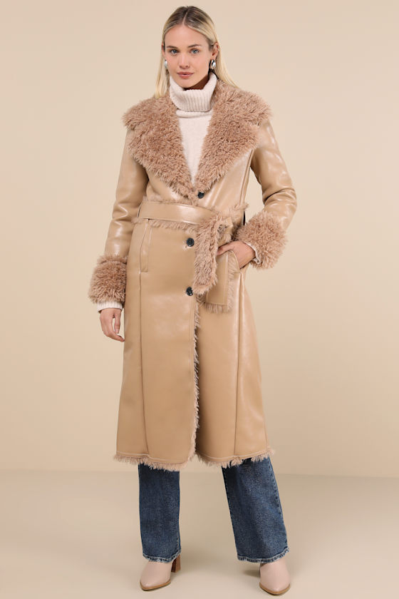 Cool Nights Tan Vegan Leather Shearling Coat 3