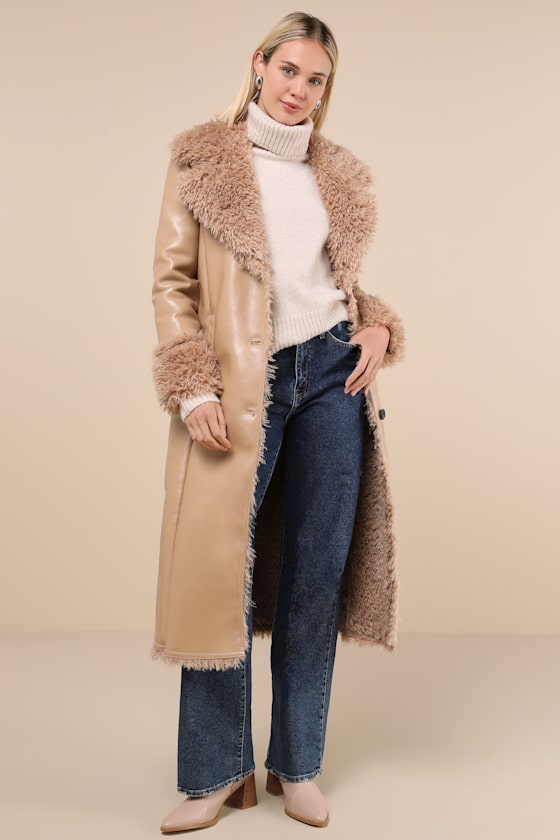 Shop Avec Les Filles Cool Nights Tan Vegan Leather Shearling Coat