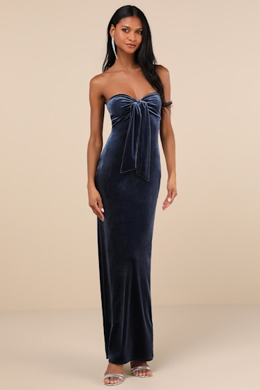 Navy Blue Velvet Dress Tie-Front Dress Strapless Maxi Dress