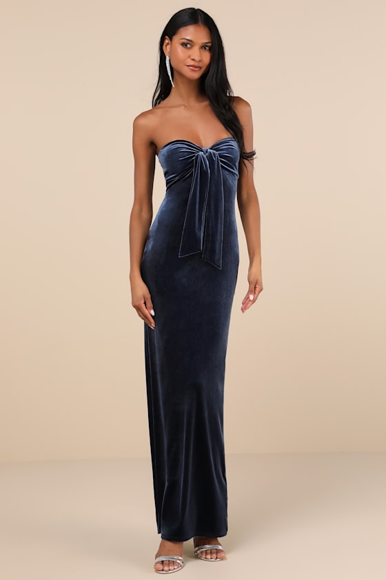 Divine Existence Navy Blue Velvet Tie-Front Strapless Maxi Dress 1