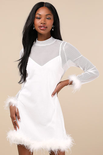 Immaculate Charisma White Mesh Feather Long Sleeve Mini Dress 5