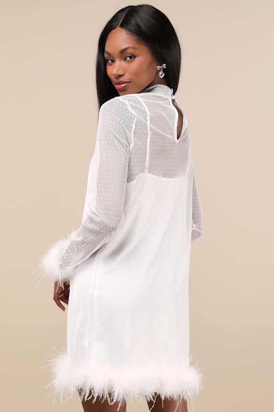 Lulus Immaculate Charisma White Mesh Feather Long Sleeve Mini Dress In White
