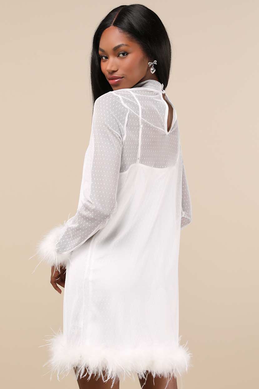 White Mesh Mini Dress - Feather Trim Dress - Mock Neck Mini Dress - Lulus