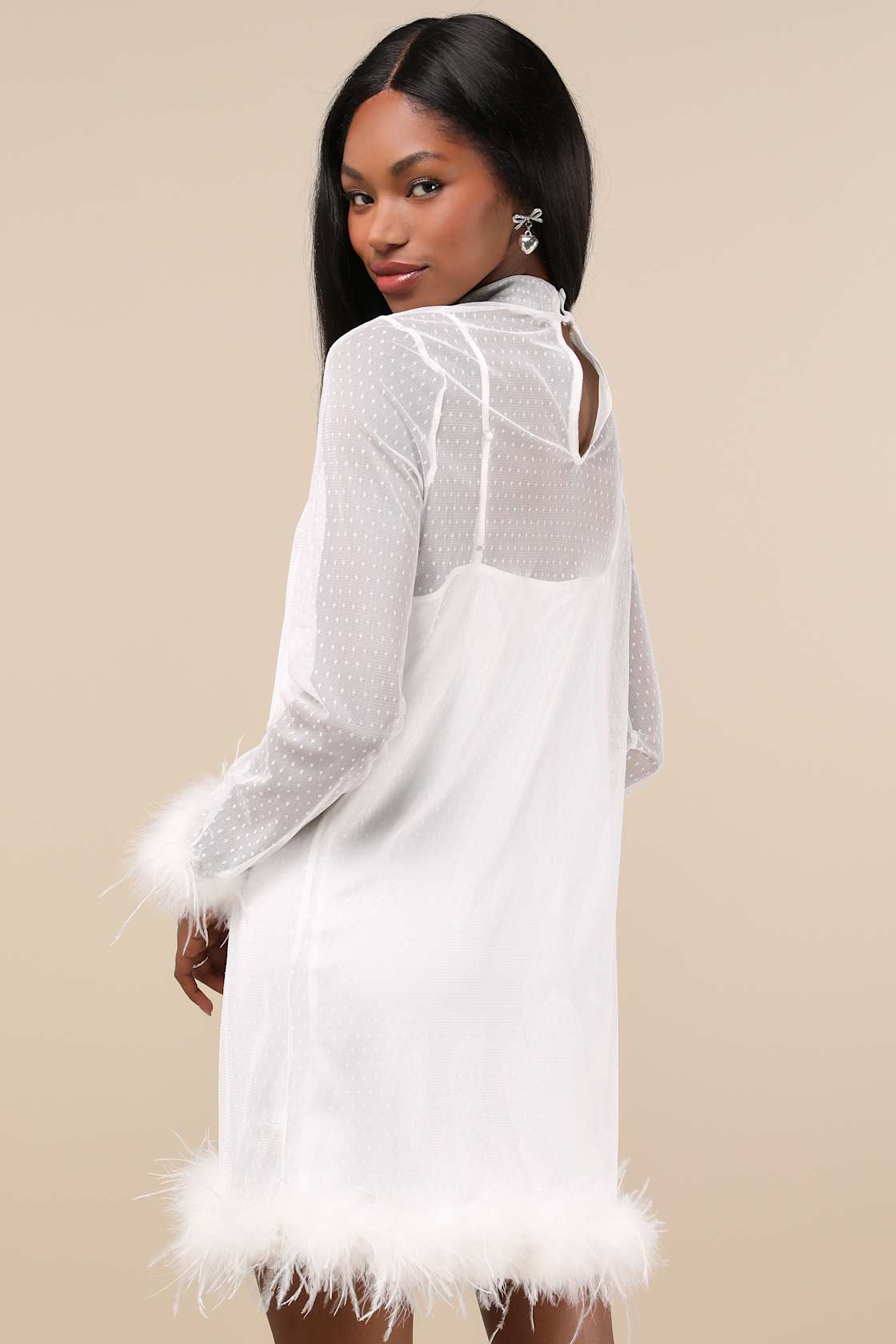 Immaculate Charisma White Mesh Feather Long Sleeve Mini Dress