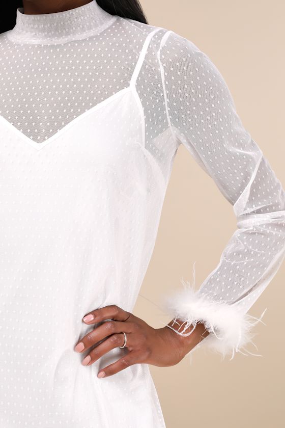 Lulus Immaculate Charisma White Mesh Feather Long Sleeve Mini Dress In White