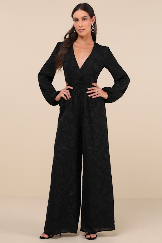 Lulus Ravishing Marvel Black Burnout Floral Cutout Wide-leg Jumpsuit In Black
