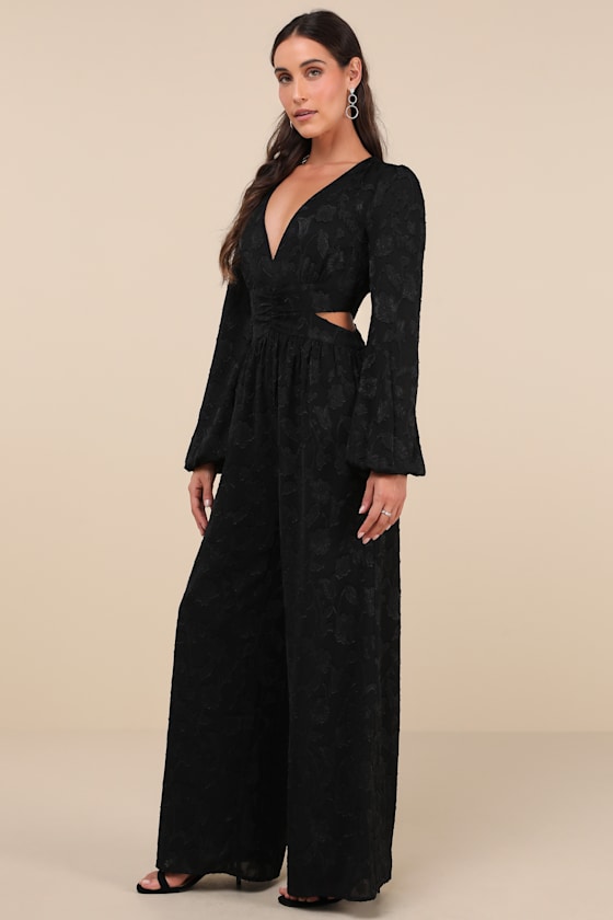 Lulus Ravishing Marvel Black Burnout Floral Cutout Wide-leg Jumpsuit In Black