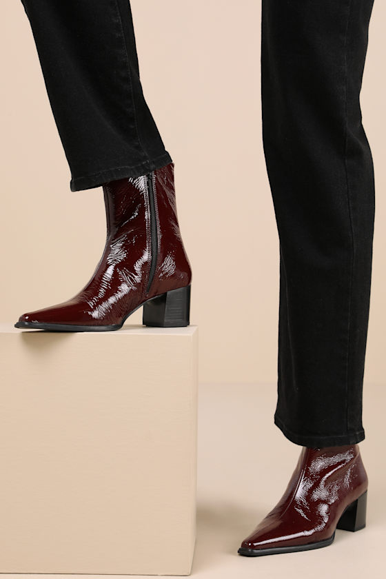 Giselle Cherry Patent Leather Pointed-Toe Ankle Boots 6