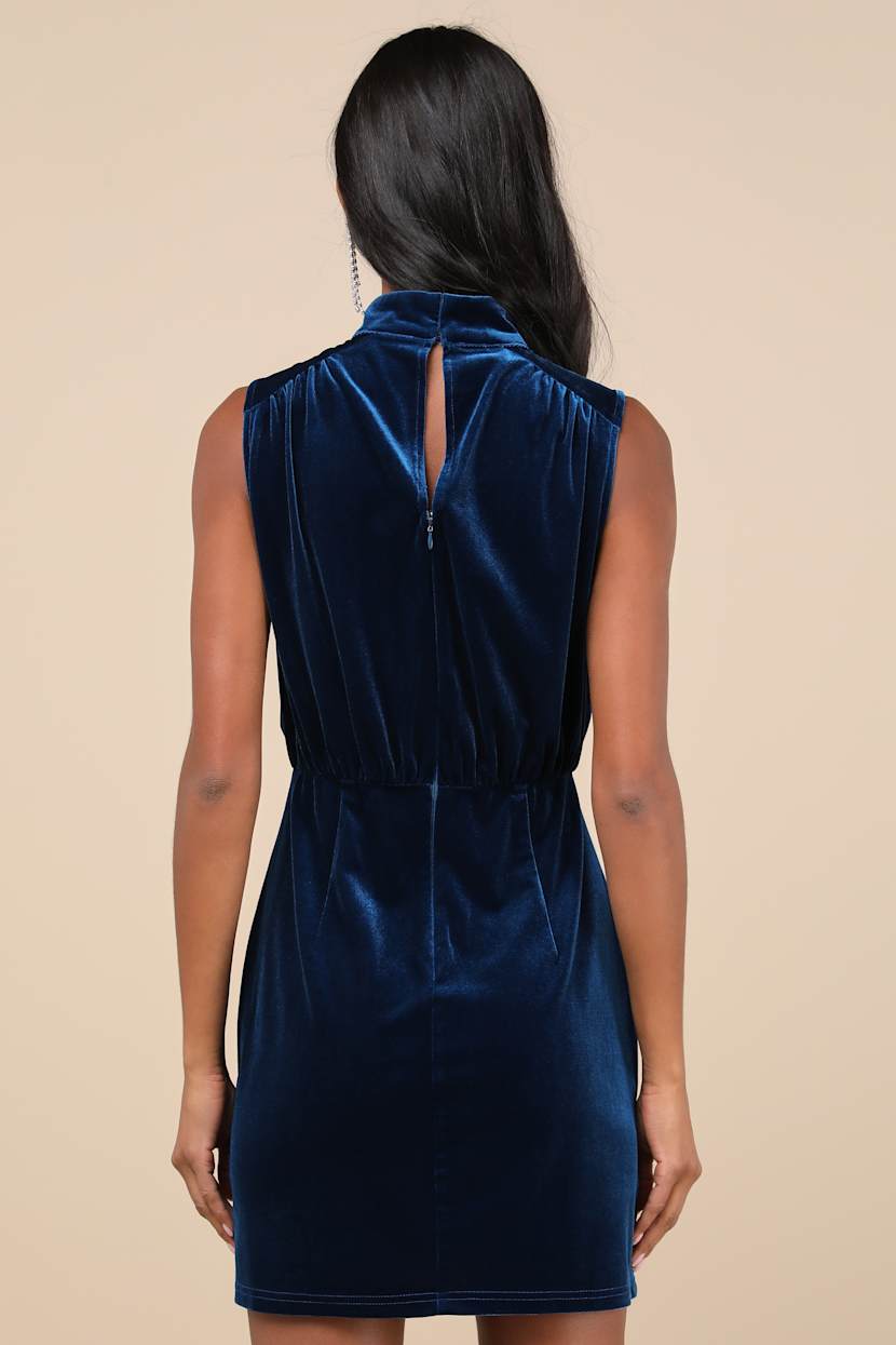 Gorgeous Darling Blue Velvet Sleeveless Mock Neck Mini Dres