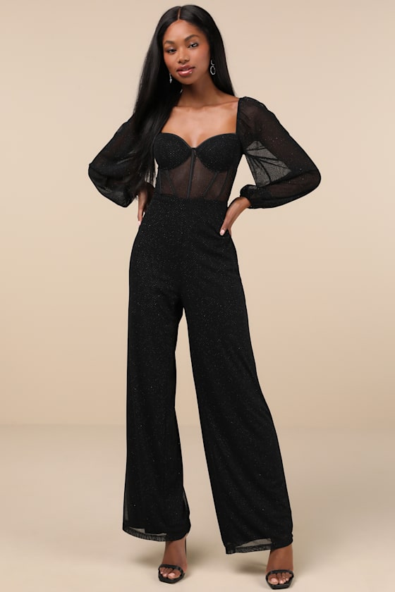 Magnetic Glamour Black Balloon Sleeve Mesh Bustier Jumpsuit 5