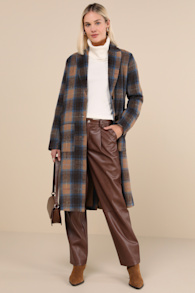 Posh Weather Brown and Blue Plaid Collared Peacoat 1