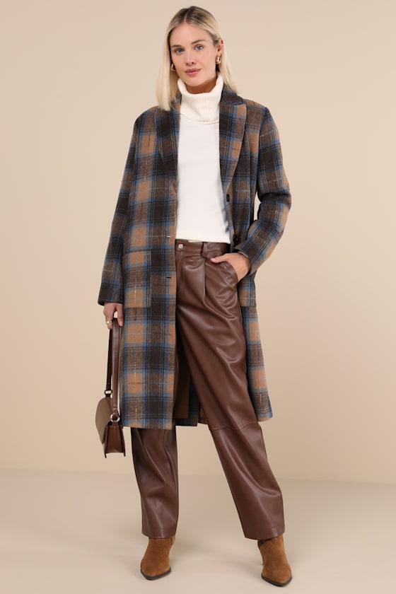Posh Weather Brown and Blue Plaid Collared Peacoat 1