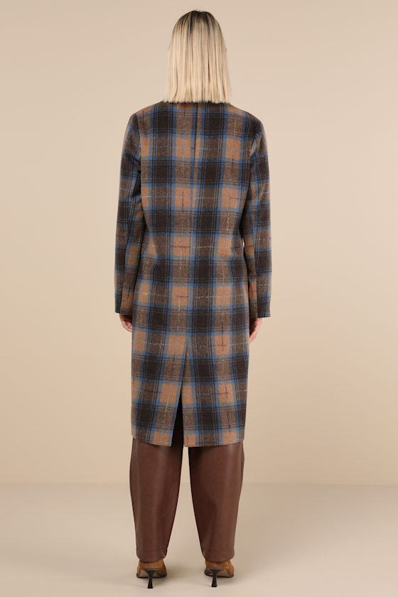 Lulus Posh Weather Brown And Blue Plaid Collared Peacoat In Brown