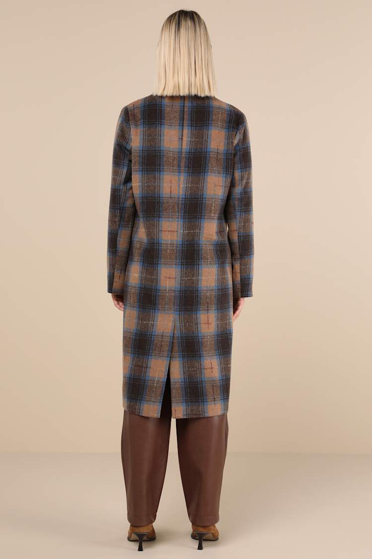 Posh Weather Brown and Blue Plaid Collared Peacoat