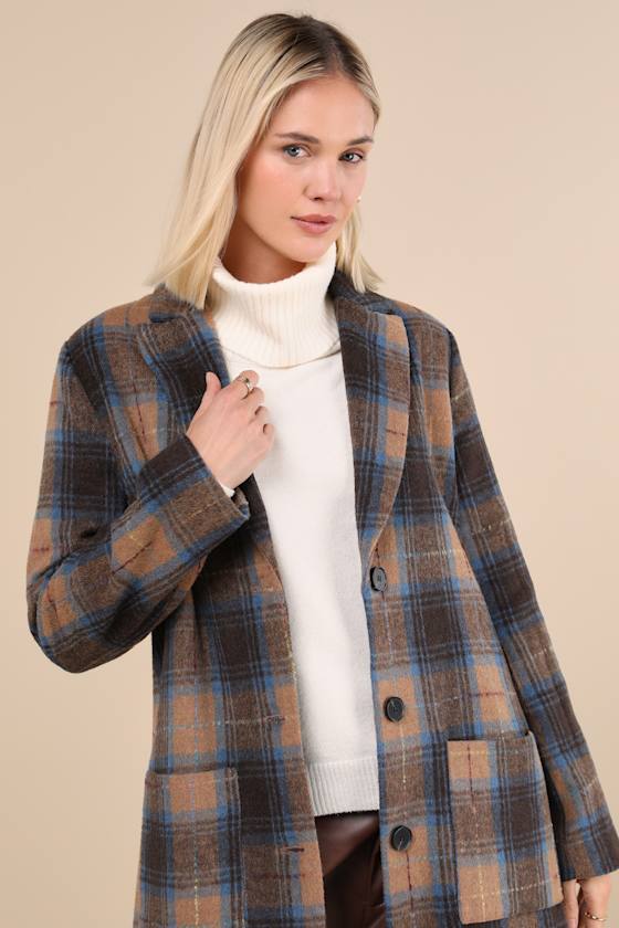 Lulus Posh Weather Brown And Blue Plaid Collared Peacoat In Brown