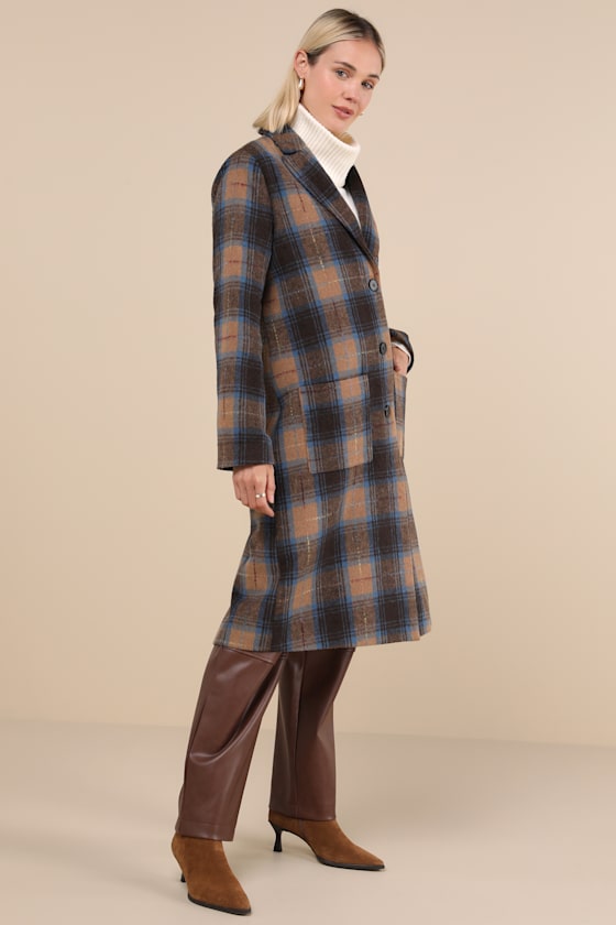 Lulus Posh Weather Brown And Blue Plaid Collared Peacoat In Brown