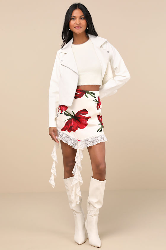 Lulus Notable Charisma Ivory Floral Satin Lace Tendril Mini Skirt In Ivory