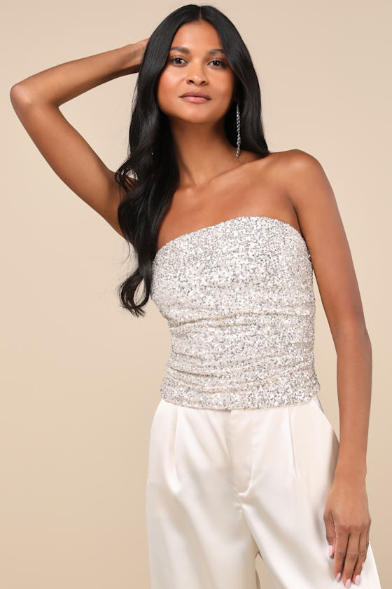 Marvelous Shine Champagne Mesh Sequin Strapless Crop Top 1