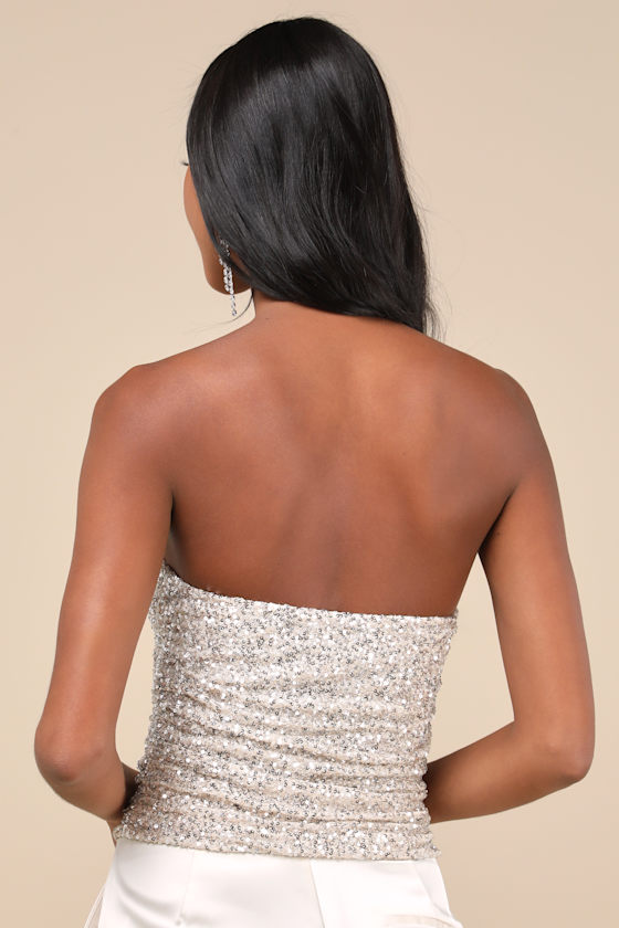 LULUS MARVELOUS SHINE CHAMPAGNE MESH SEQUIN STRAPLESS CROP TOP