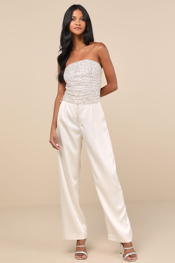 LULUS MARVELOUS SHINE CHAMPAGNE MESH SEQUIN STRAPLESS CROP TOP