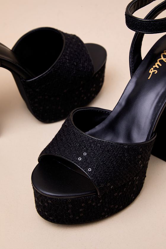 Lulus Medinna Black Tweed Sequin Platform High Heel Sandals In Black