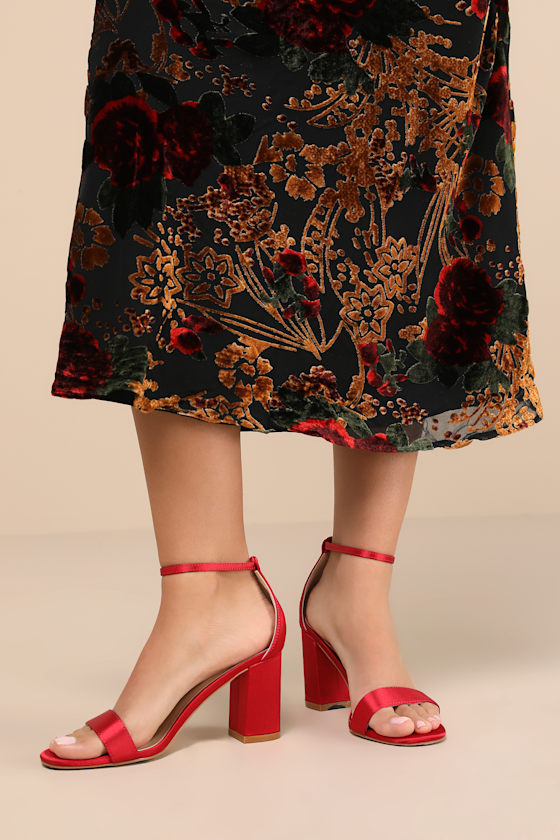 Red satin ankle strap heels outlet