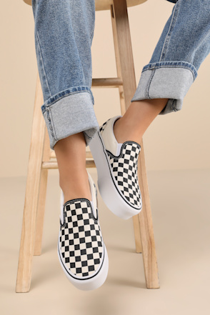Vans Classic Slip-On Stackform Black Checkerboard Sneakers Lulus