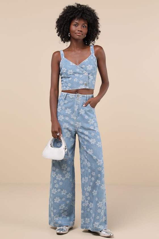 Lulus Poised Premise Medium Wash Floral Jacquard Crop Top In Blue