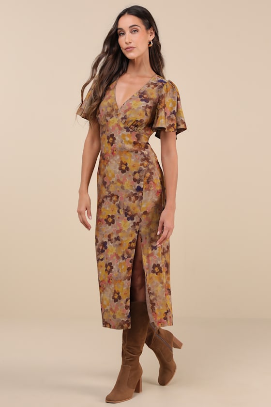 Lulus Marvelously Stylish Brown Floral Flutter Sleeve Midi Dress In Brown