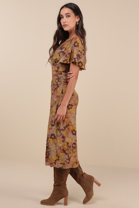 Lulus Marvelously Stylish Brown Floral Flutter Sleeve Midi Dress In Brown