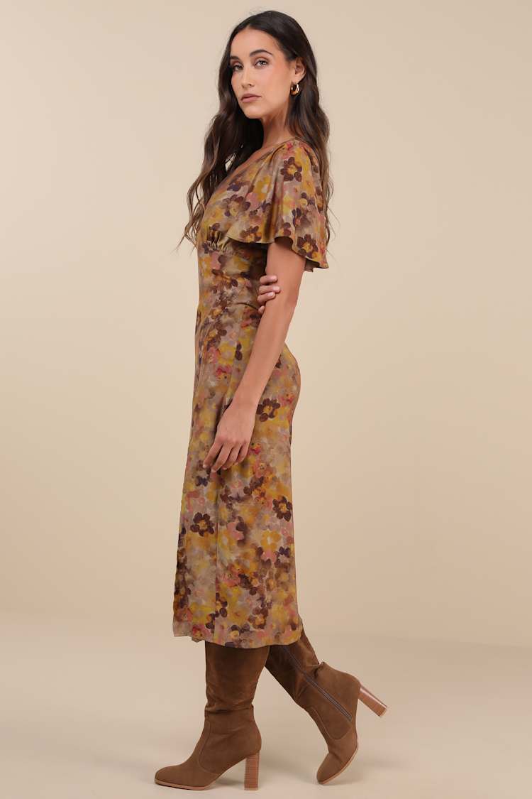 Marvelously Stylish Brown Floral Flutter Sleeve Midi Dress