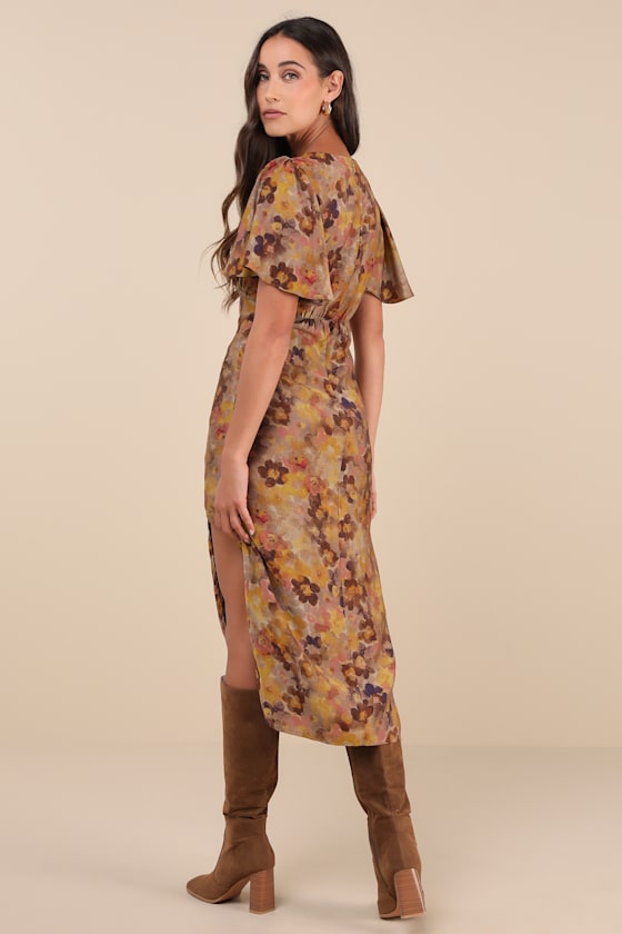 Lulus Marvelously Stylish Brown Floral Flutter Sleeve Midi Dress In Brown