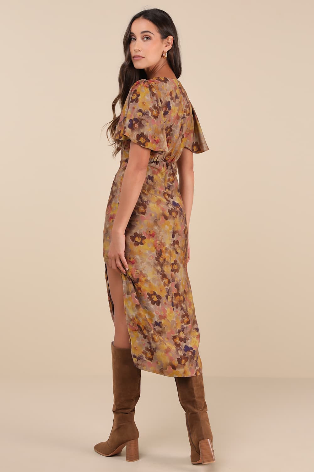 Marvelously Stylish Brown Floral Flutter Sleeve Midi Dress